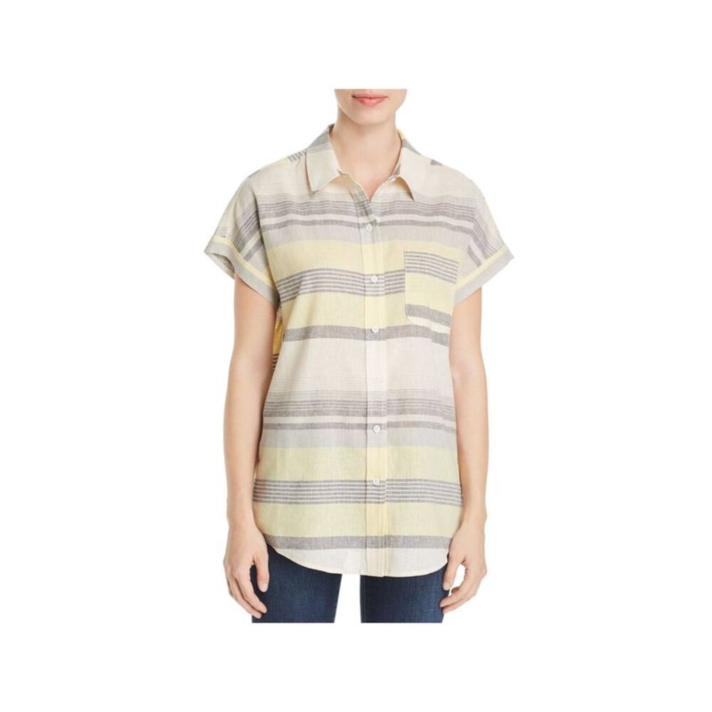 MARLED ESSENTIALS Womens Yellow Striped Short Sleeve Collared Button Up Top S